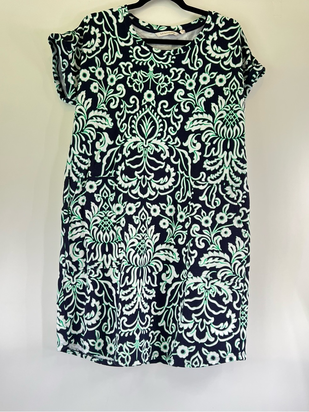 Soft Surroundings Preppy Navy Green Jacquard Print Midi Dress Medium